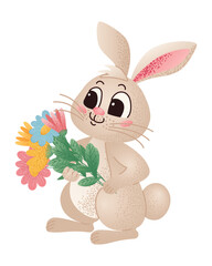 Cute beige rabbit holding a bouquet of flowers on a white background. Cartoon bunny illustration. Easter celebration and springtime holidays.