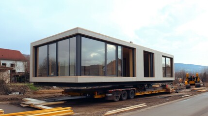Prefabricated house module on a trailer is transported to the construction site