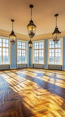 Obraz premium Sunny room with city views & hardwood. Interior architecture for real estate