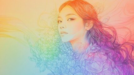Rainbow Line Art of Women with Bouquets - Ethereal Connection and Beauty
