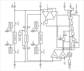 Schematic diagram of electronic device on white sheet of paper.
Vector drawing electrical circuit with  
capacitor, resistor, 
switch, operational amplifier, logic element
of integrated circuit,
other