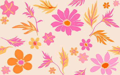 Hand drawn colourful flowers, seamless patterns with floral for fabric, textiles, clothing, wrapping paper, backdrop, banner, illustration, abstract backgrounds.
