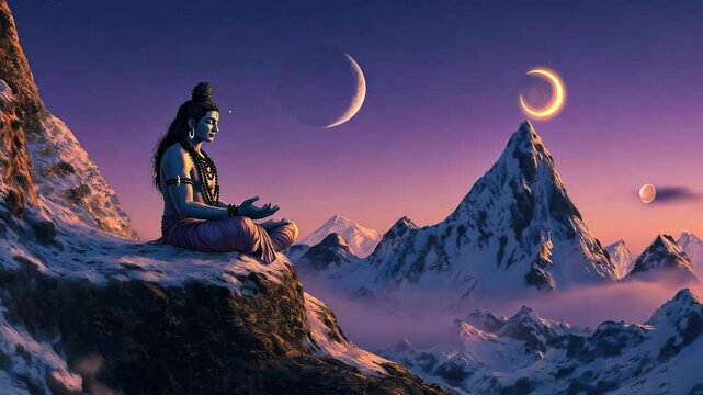 A divine representation of Lord Shiva meditating on a snowy Himalayan peak, symbolizing peace, power, and spiritual transcendence.  
