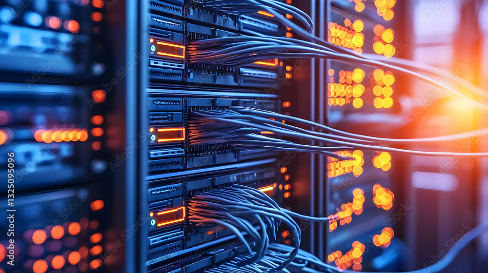 Aufkleber close up of server rack with orange and blue lights in a data center complex network infrastructure