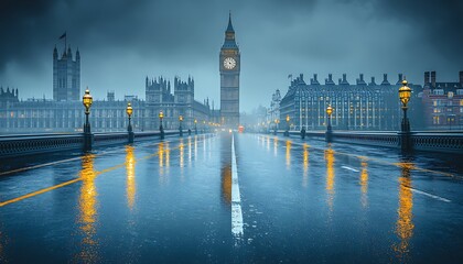 Naklejka premium Rainy London Bridge for Big Ben Dawn.