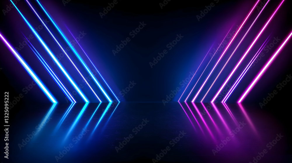 Poster vivid blue and purple neon lines converging on a dark reflective floor with a subtle pixelated textu