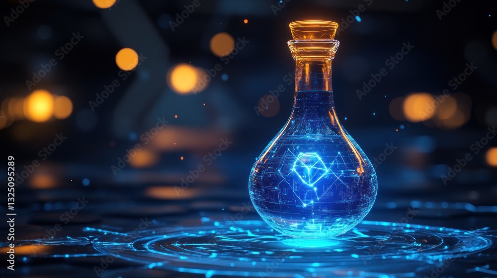Poster futuristic potion flask with glowing digital essence on an abstract surface