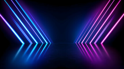 Vivid Blue And Purple Neon Lines Converging On A Dark Reflective Floor With A Subtle Pixelated Texture Creating A Futuristic Ambiance