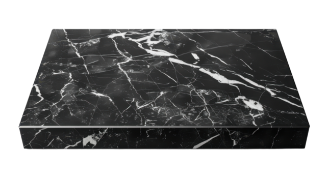 Black marble block showing natural veins on transparent background