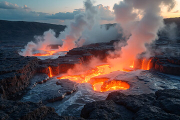 Geothermal vulcanic erupt landscape. Source of thermal energy on earth surface.