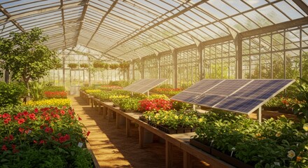 Naklejka premium Sunlit Greenhouse Filled With Vibrant Flowers And Solar Panels for Sustainable