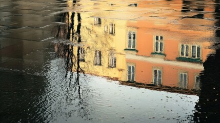 A building reflected in a water puddle on a stone pavement