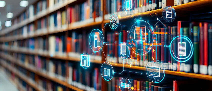 Digital Library With Glowing Icons Symbolizing Modern Learning And Information Access In Blurry Background
