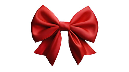 Decorative red bow isolated on a white background, top view. Minimalistic stock photo of a red, shiny satin hair bow with a large bow shape 3D illustration.