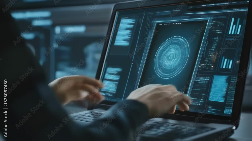 Poster in a dark technological control room with big screens displaying holographic data, a software engine