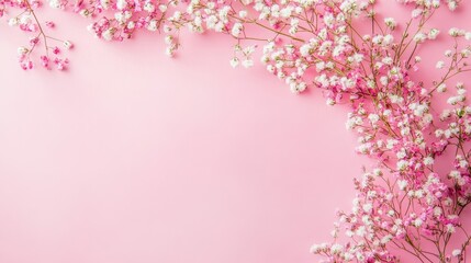 Fototapeta premium Pink and white flowers adorn a pink and empty background space