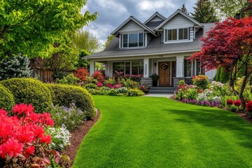 Spring home exterior with lush landscaping