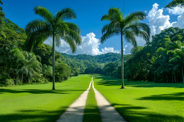 Lush Green Landscape with Palm Trees and Path