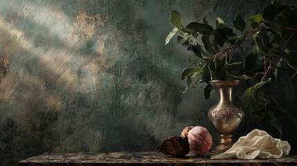 Rustic still life composition with vintage vase and garlic