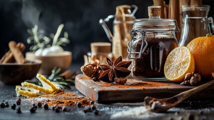 Fototapeta premium Spices and honey in rustic kitchen setting