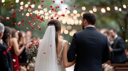 A wedding couple walking down the aisle as guests throw rose petals