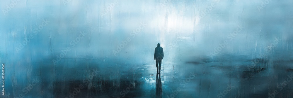 Poster melancholic moment of solitude with raindrops on a window and a distant figure lost in soft blue and