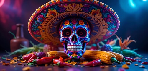 Mexican Day of the Dead Celebration - Colorful Sugar Skull & Festive Décor