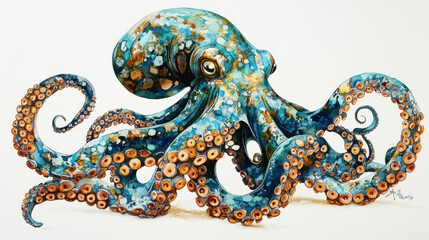 Obraz premium A captivating octopus painting in watercolor and ink, its swirling tentacles painted in rich shades of blue and copper accents, abstract splashes adding movement