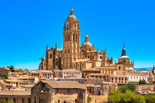 View of Segovia Spain with its Cathedral and sourrounding houses and buildings