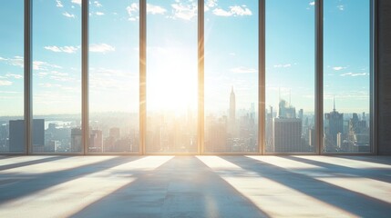 Fototapeta premium Sunrise over bustling cityscape from window perspective