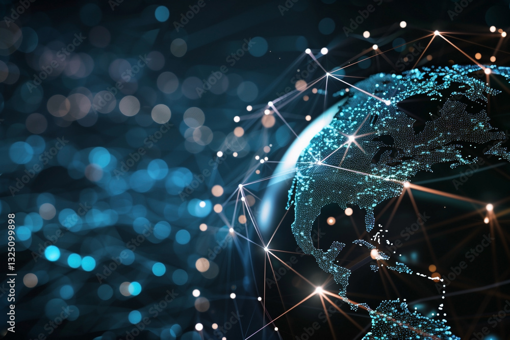 Poster this image presents a digital globe illuminated with sparkling connections, symbolizing global inter