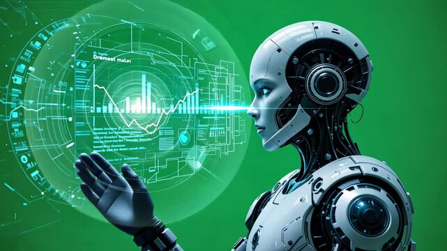 Futuristic Robot Against Green Screen Background, Advanced AI Technology and Sci-Fi Concept

