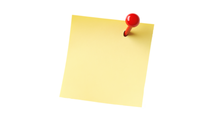 Yellow sticker pinned red push button with curled corner, ready for your message. Vector illustration Isolated on white background. Front view. Top view. Close up.