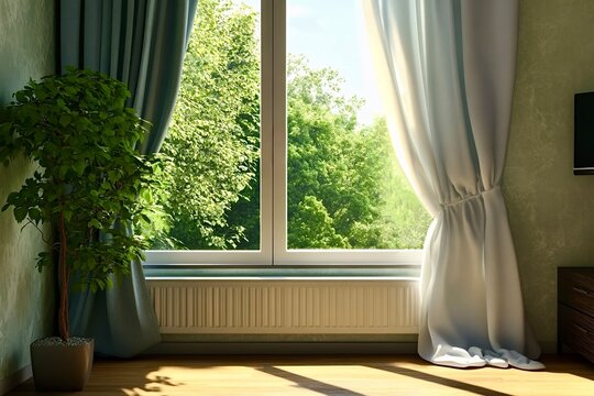 Fototapeta Sunlight illuminating living room with houseplant and curtains