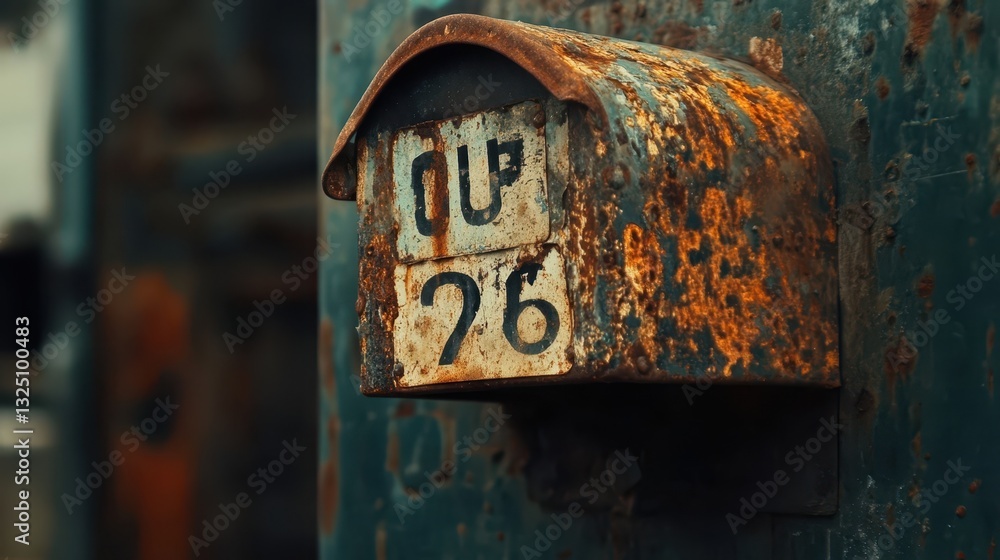 Poster a close up image of a weathered mailbox with numbers