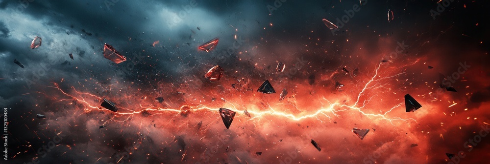 Aufkleber Intense abstract background with dramatic red and black colors, lightning bolts and shattered glass fragments creating a cinematic atmosphere
