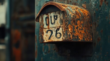 A close up image of a weathered mailbox with numbers