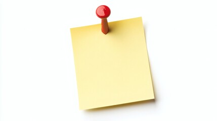 Yellow sticker pinned red push button with curled corner, ready for your message. Vector illustration Isolated on white background. Front view. Top view. Close up.