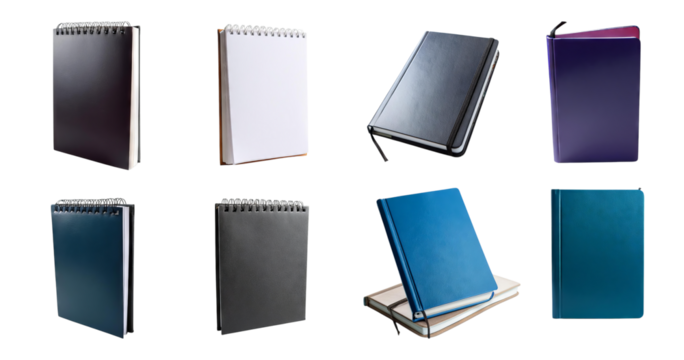 Variety of Note Books in Different Colors and Designs Displayed, isolated on transparent background