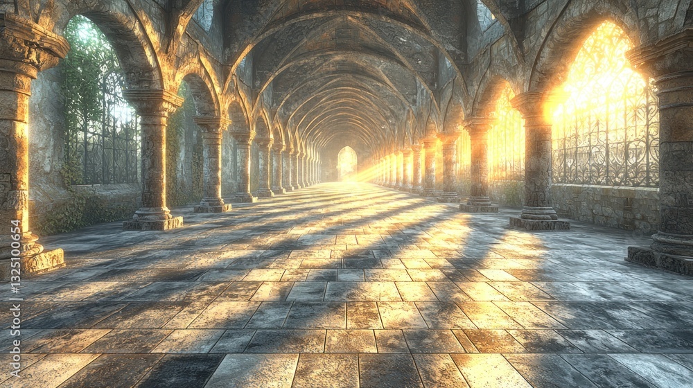 Poster sunlit stone corridor: a journey through ancient architecture and illumination
