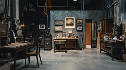 Rustic library and workspace with vintage furniture