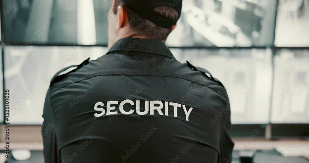 Poster back, security guard and man in control room, video surveillance and computer with safety service. p
