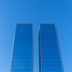 Obraz premium Twin Towers, Blue Glass Facade, Modern Architecture Illustration