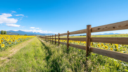Fototapeta premium Sunny day in sunflower field with wooden fence and mountain views