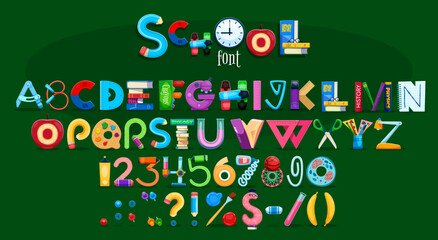 School font, education typeface, abc type, kids English alphabet letters, numbers and signs with educational items such as books, pens, apples and stationery. Funny typeset for children fun learning