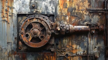 Close up view of old rusted machine parts in color