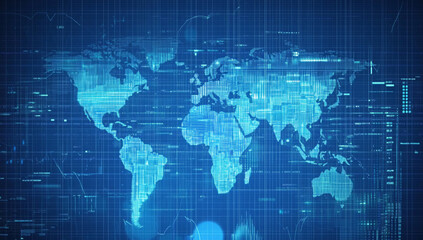 Digital World Map with Data Streams and Technology Background
