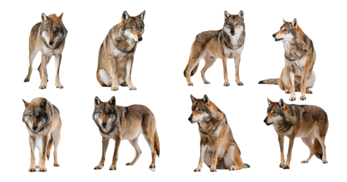 Set of nine wolves in different stances and actions isolated on transparent background