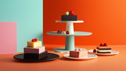 Modern dessert display with layered cakes and geometric decor
