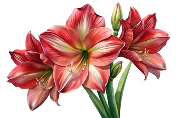 Fototapeta premium Red and White Amaryllis Flowers in Bloom - Close-up of red and white amaryllis flowers with delicate petals and green stems, isolated on a white background.